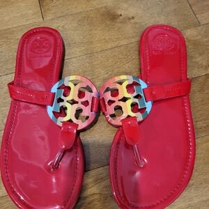 Red Patent Miller Tory Burch Thong Sandals with Colorful Logo